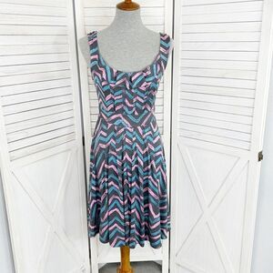 Marc Jacobs Pleated Ruffle Chevron Print Silk Knit Dress Grey Pink Blue XS